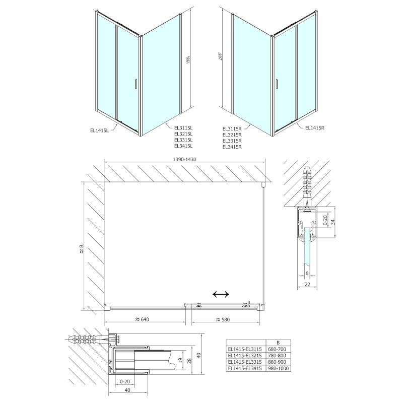 EASY sprchové dveře 1400mm, čiré sklo EL1415
