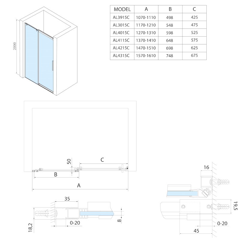 ALTIS posuvné dveře 1570-1610mm, výška 2000mm, čiré sklo AL4315C