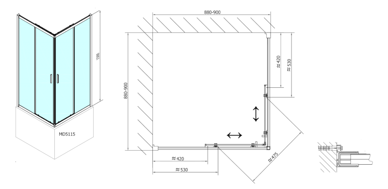 CARMEN čtvercová sprchová zástěna 900x900x1500mm, čiré sklo MD5115