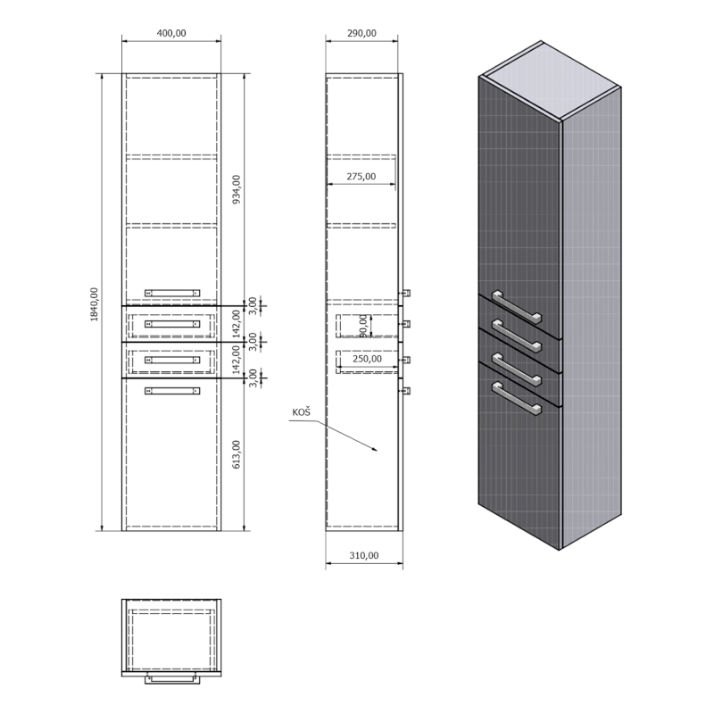 VEGA skříňka vysoká s košem, 40x184x31cm, bílá VG180