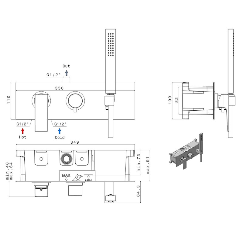 DIMY podomítková sprchová baterie s ruční sprchou, 2 výstupy, černá mat DM142BL