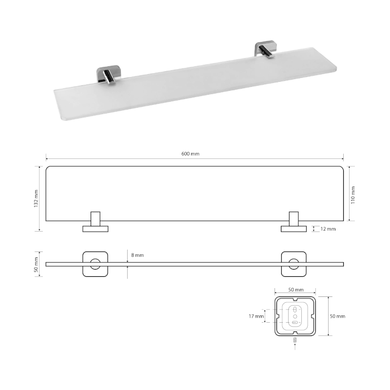 INSIA polička skleněná 600x50x132mm, chrom IS015