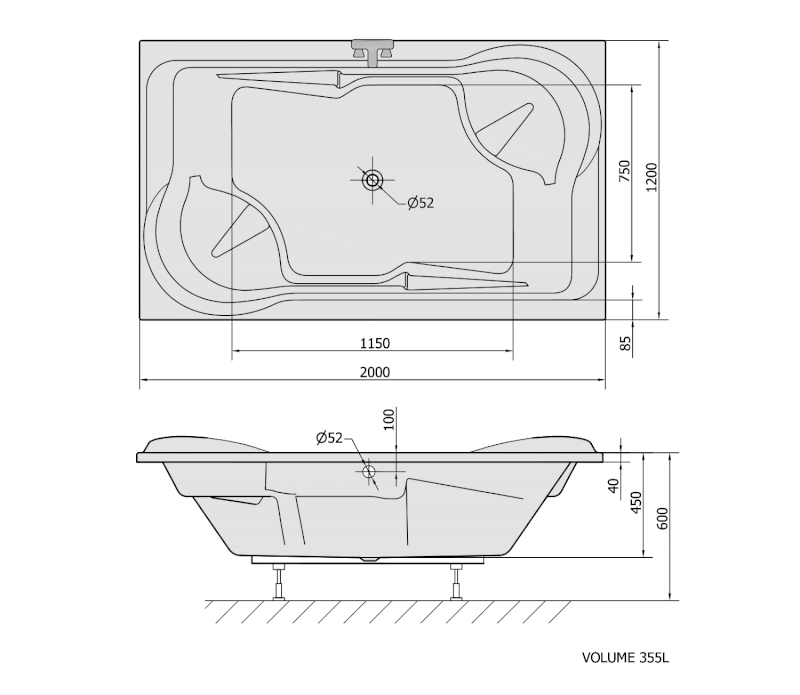 DUO obdélníková vana s konstrukcí 200x120x45cm, bílá 16211