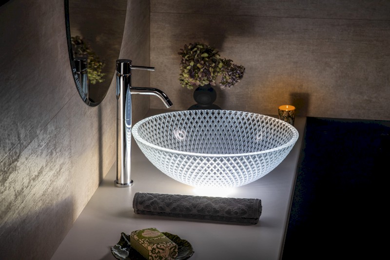 PUKETA skleněné gravírované umyvadlo na desku Ø 42cm, čirá TY165