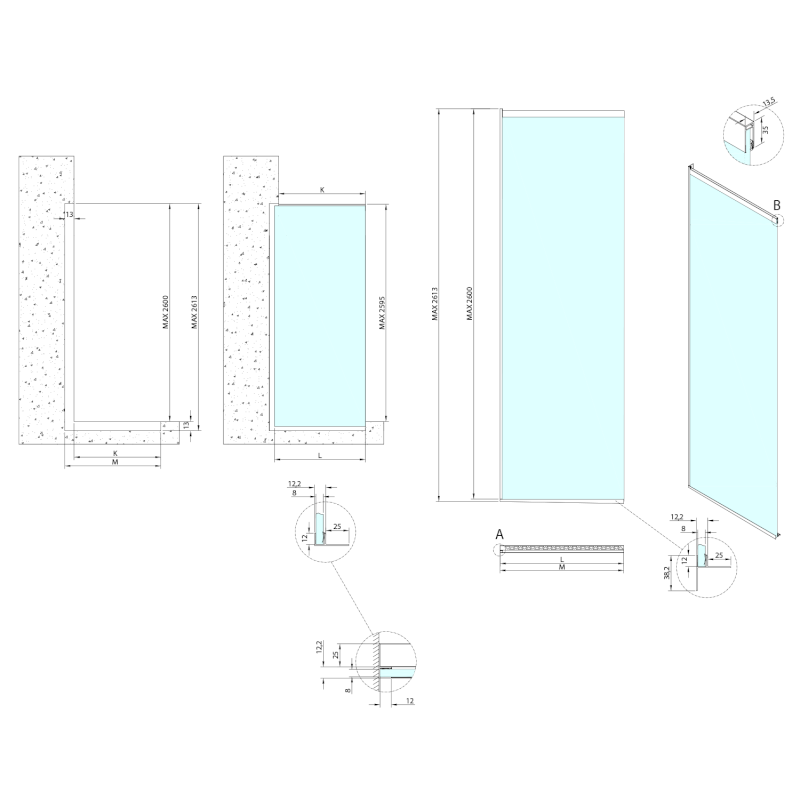 ARCHITEX sada pro uchycení skla, podlaha-stěna-strop se spádovou lištou, 1615x2600mm, levá, černá mat AX2616BL