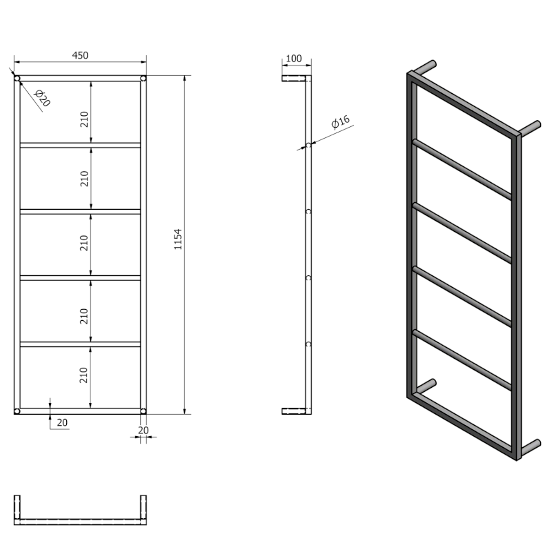 SKA nástěnný sušák ručníků 450x1150x100mm, bílá mat SKA511