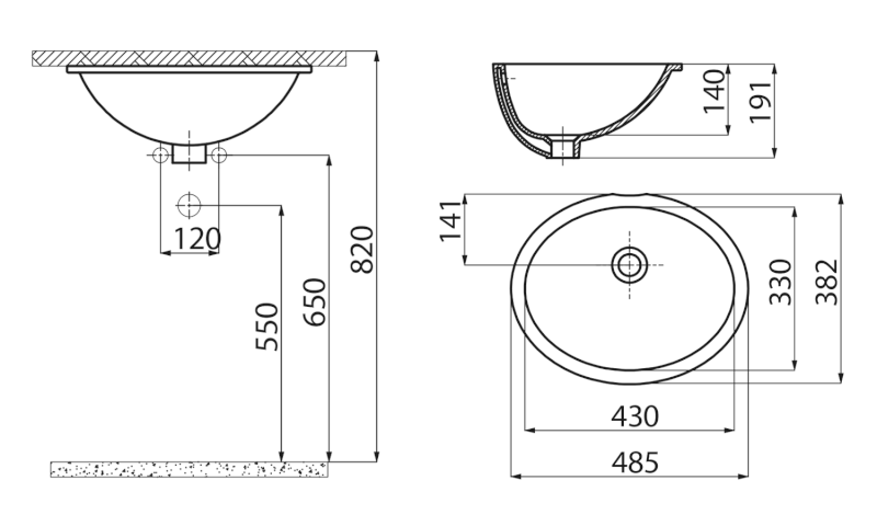 Keramické umyvadlo pod desku, 48,5x38cm, bílá TP211