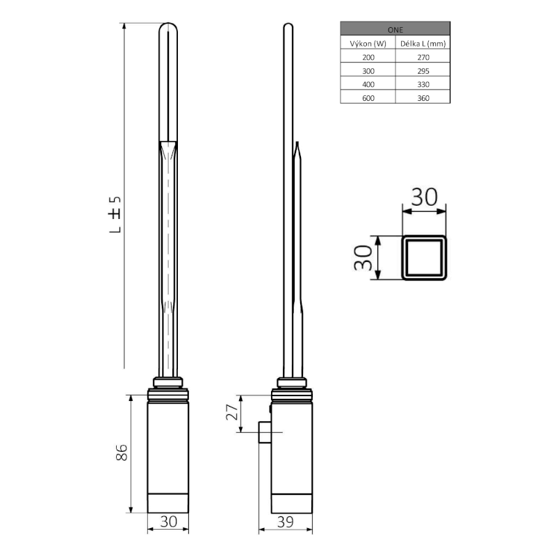 ONE topná tyč s termostatem, 200 W, chrom ONE-C-200