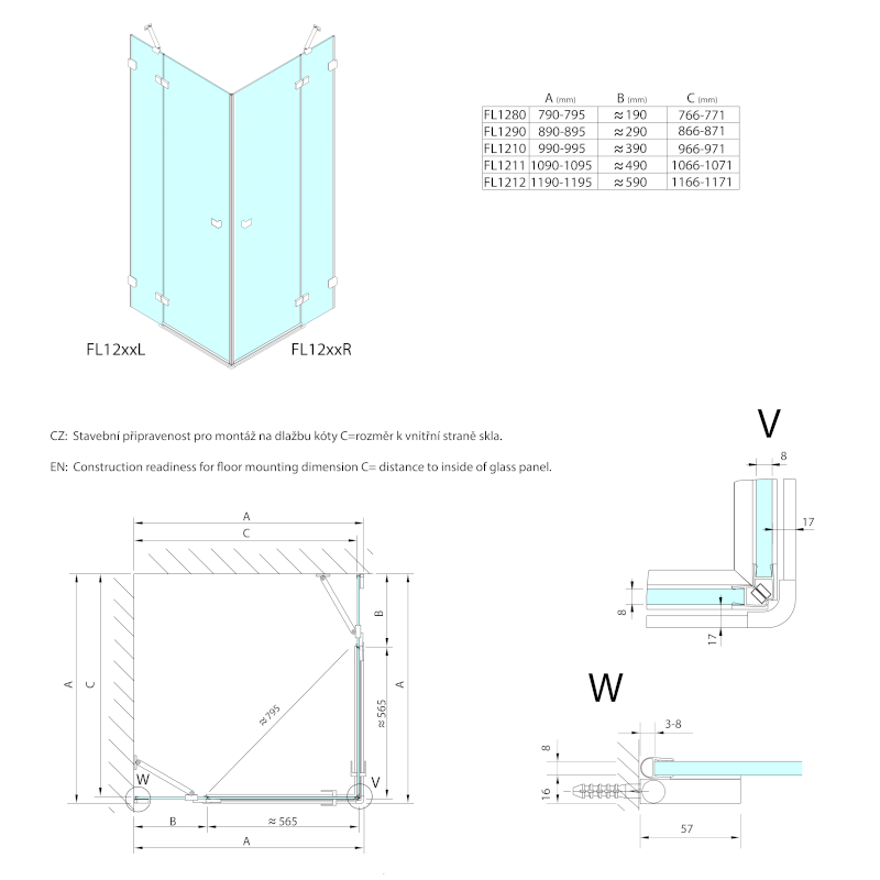 FORTIS EDGE sprchové dveře 1200mm, čiré sklo, levé FL1212L