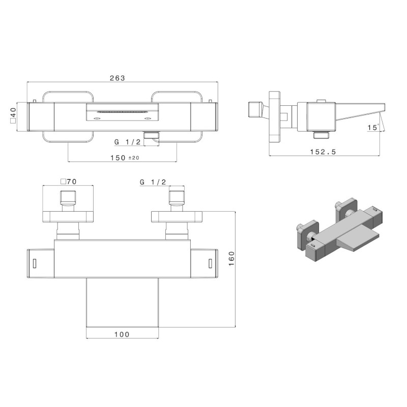DIMY nástěnná vanová termostatická baterie, kaskáda, černá mat DM292BL