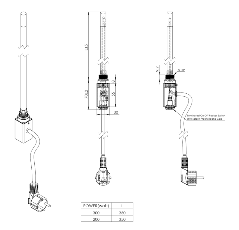 CARUSO topná tyč 300 W, nerez mat NR921