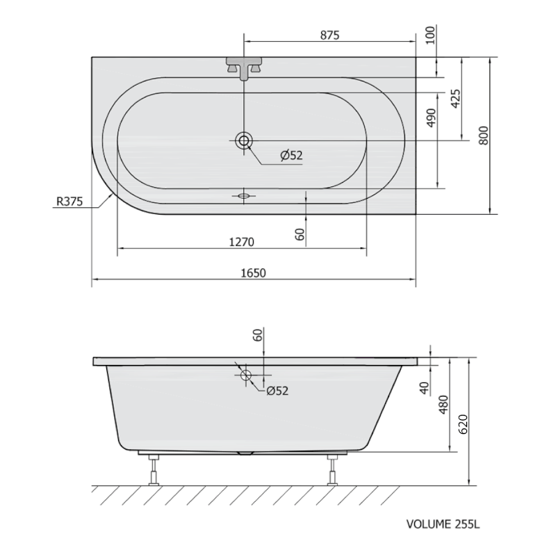 ASTRA R asymetrická vana 165x80x48cm, bílá 34611