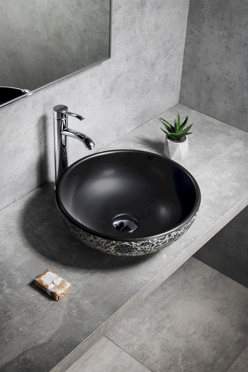 PRIORI keramické umyvadlo na desku, Ø 41cm, černá s modrým vzorem PI034