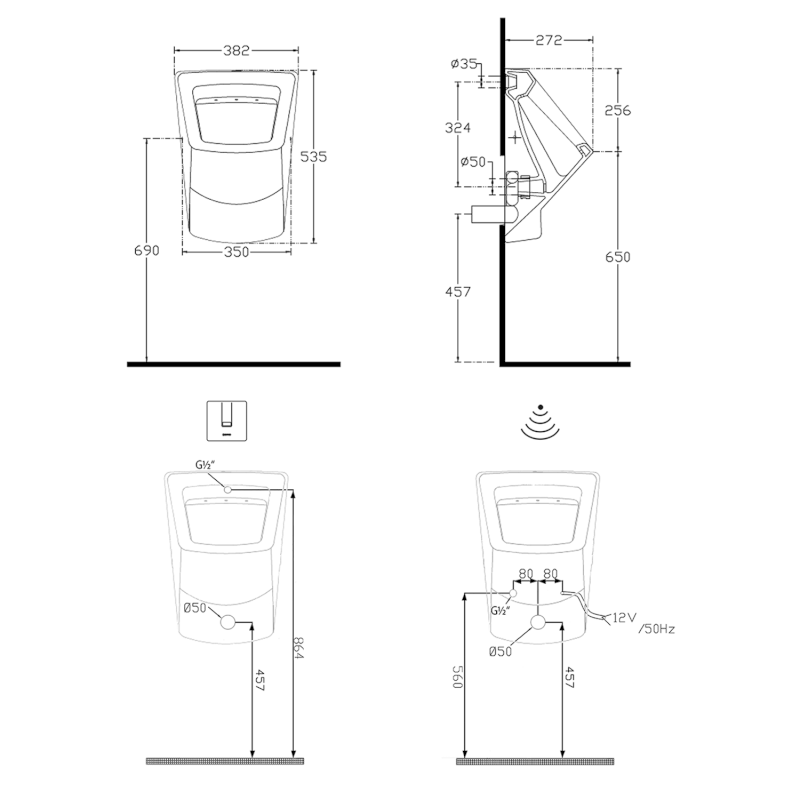 PURITY urinál se zakrytým přívodem vody, 38x53,5cm 10PL92002