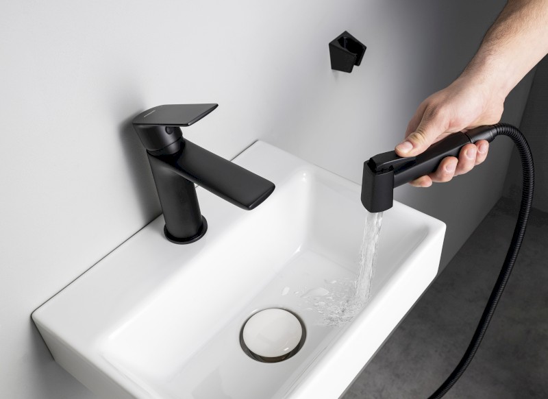 Stojánková umyvadlová baterie s bidetovou sprchou, černá mat SK401B