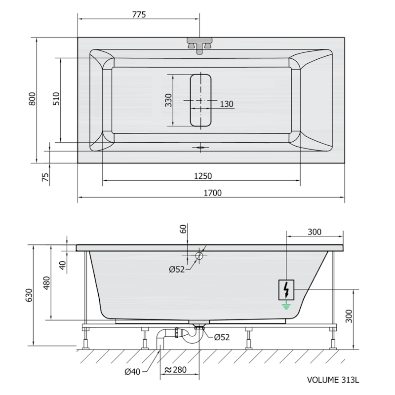 MARLENE hydromasážní vana, 170x80x48cm, Active Hydro, chrom 72403.1010