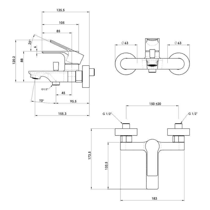 PAX nástěnná vanová baterie, černá mat XA10/15