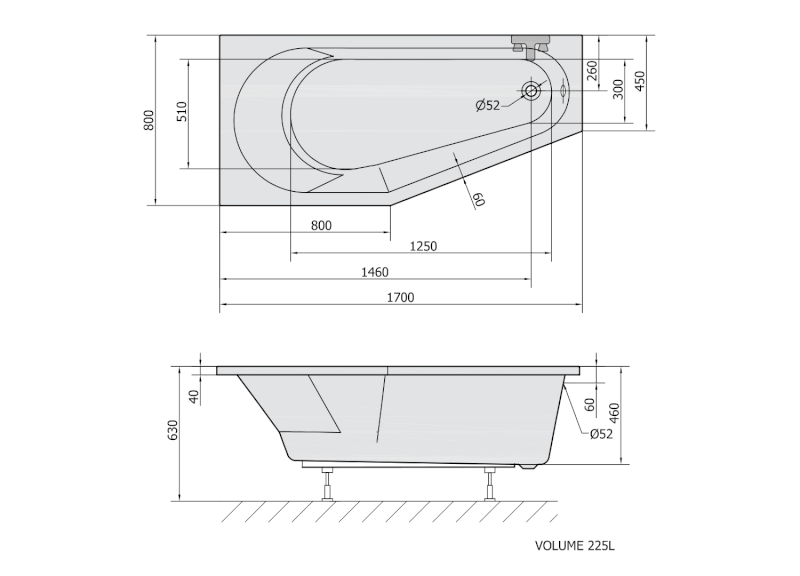 TIGRA L asymetrická vana 170x80x46cm, bílá mat 90111.11
