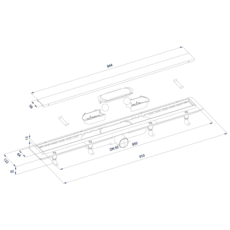 FLISE podlahový žlab s nerezovým roštem i pro dlažbu, L-910, DN50 73691