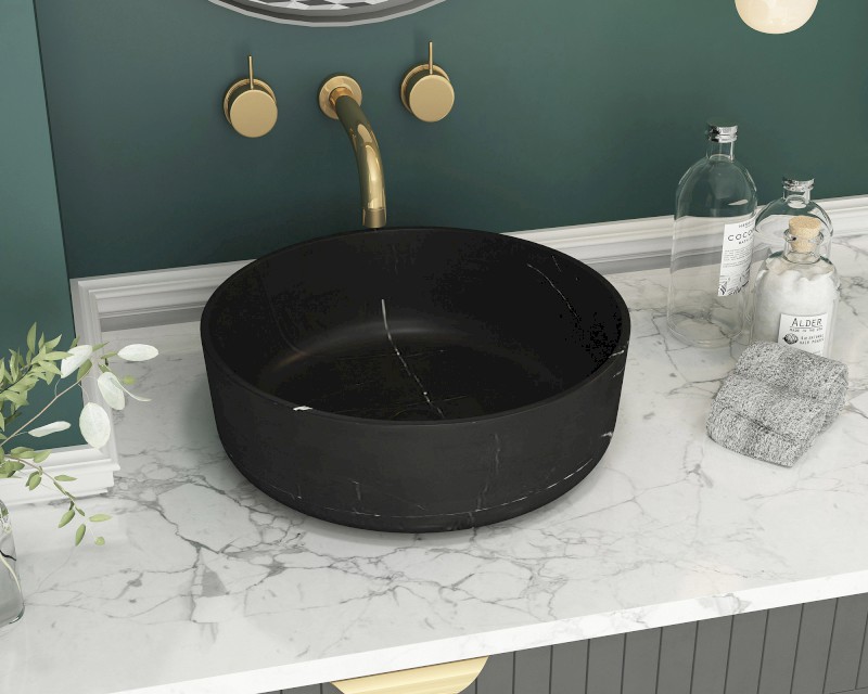 BLOK kamenné umyvadlo na desku, Ø 40cm, matný černý Marquin 2401-52