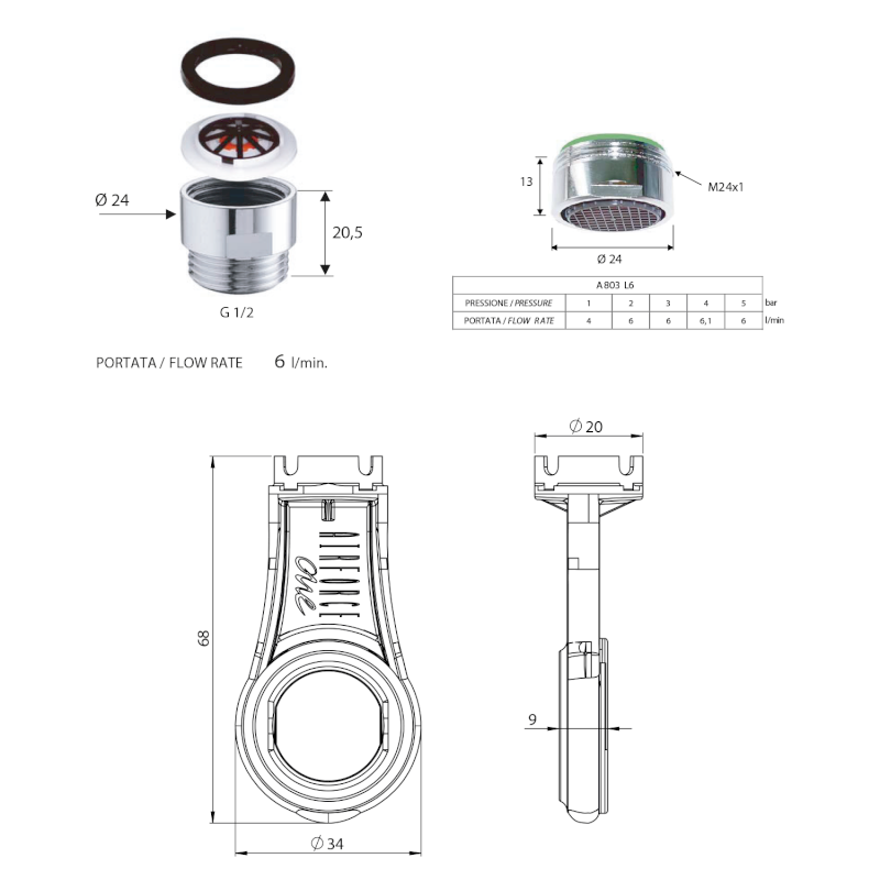 ECO SET redukce na sprchovou hadici 6L, perlátor 6L, vnější závit M24x1 a klíč, chrom SETL6