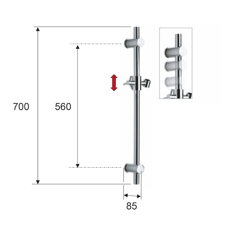 Sprchová tyč, posuvný držák, kulatá, 700mm, bílá mat SC014