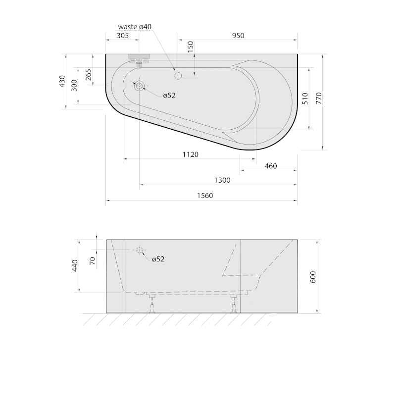 PROJEKTA DR MONOLITH nástěnná stojící vana 156x77x60cm, bílá/černá 21111MDRB