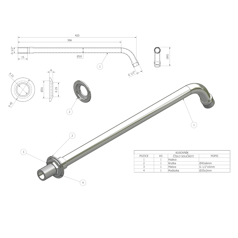 Sprchové ramínko kulaté, 405mm, chrom T04