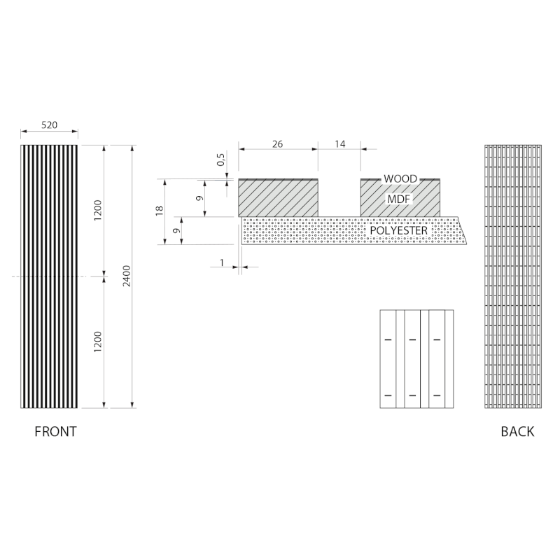 DELUXE akustický panel 2400x520x18mm, ořech/černá 54-240-11-84-12