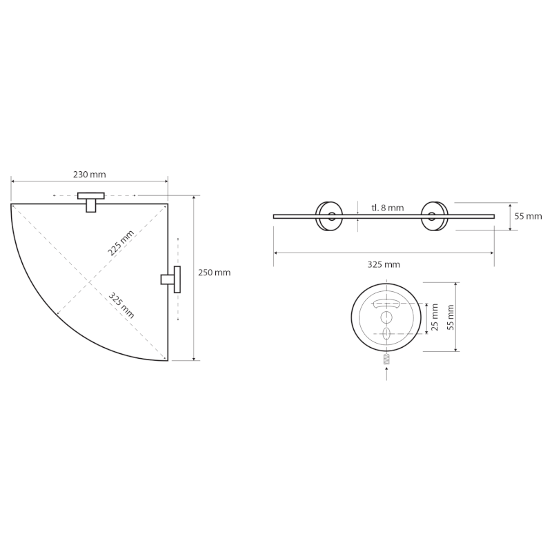 X-ROUND E skleněná polička rohová 235x255mm, chrom XR603