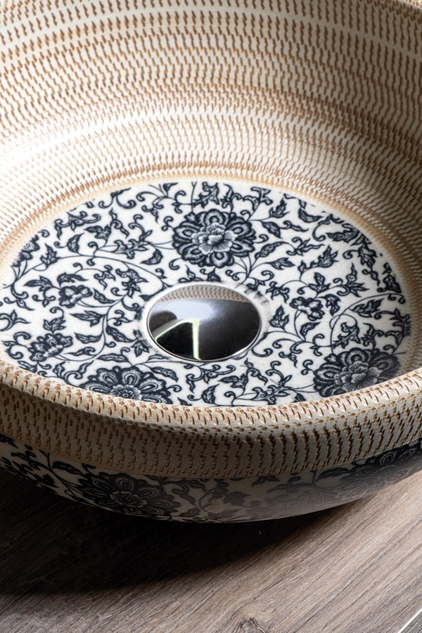 PRIORI keramické umyvadlo na desku, Ø 41 cm, béžová s modrým vzorem PI011