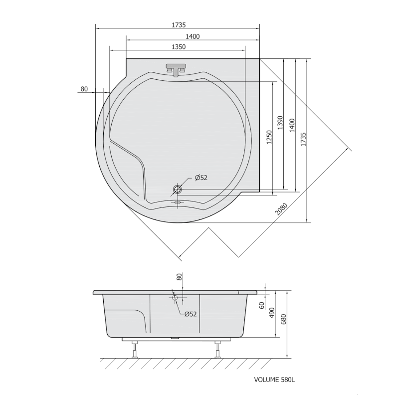 ROYAL CORNER kulatá vana s konstrukcí 173x173x49cm, bílá 74211