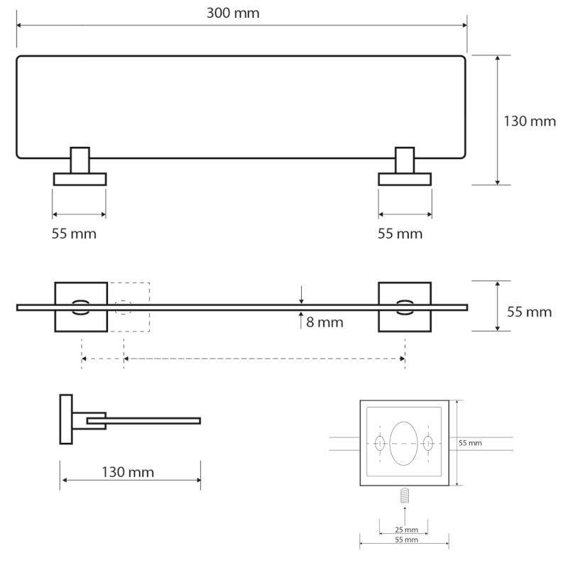 X-SQUARE polička skleněná 300x55x130mm, mléčné sklo, chrom XQ602
