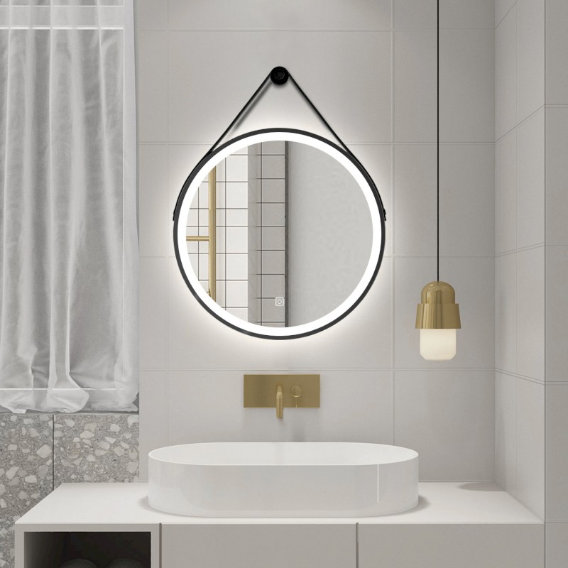 STAGO kulaté zrcadlo s LED osvětlením ø 60cm, kožený pásek, dotykový senzor, stmívatelné, černá mat SG060