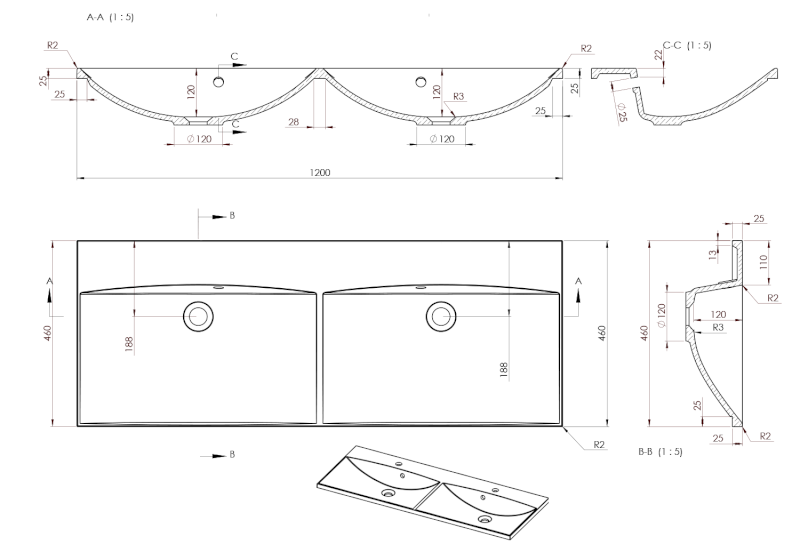 MARIA dvojumyvadlo, litý mramor, 120x46cm, bez otvoru, bílá MA120-0