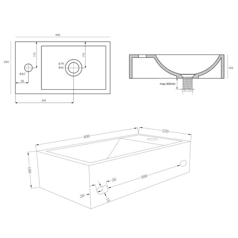 CREST L betonové umývátko, nástěnné, včetně výpusti, 40x22cm, černý granit AR403