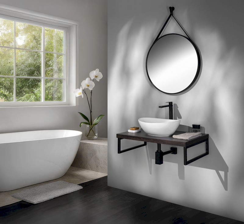 STAGO kulaté zrcadlo ø 60cm, kožený pásek, černá mat SG065