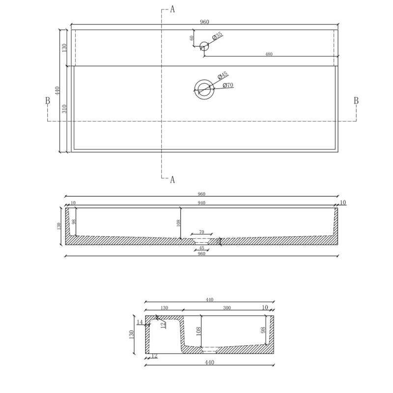 QUADRADO betonové umyvadlo včetně výpusti, 96x44cm, bílý pískovec AR467