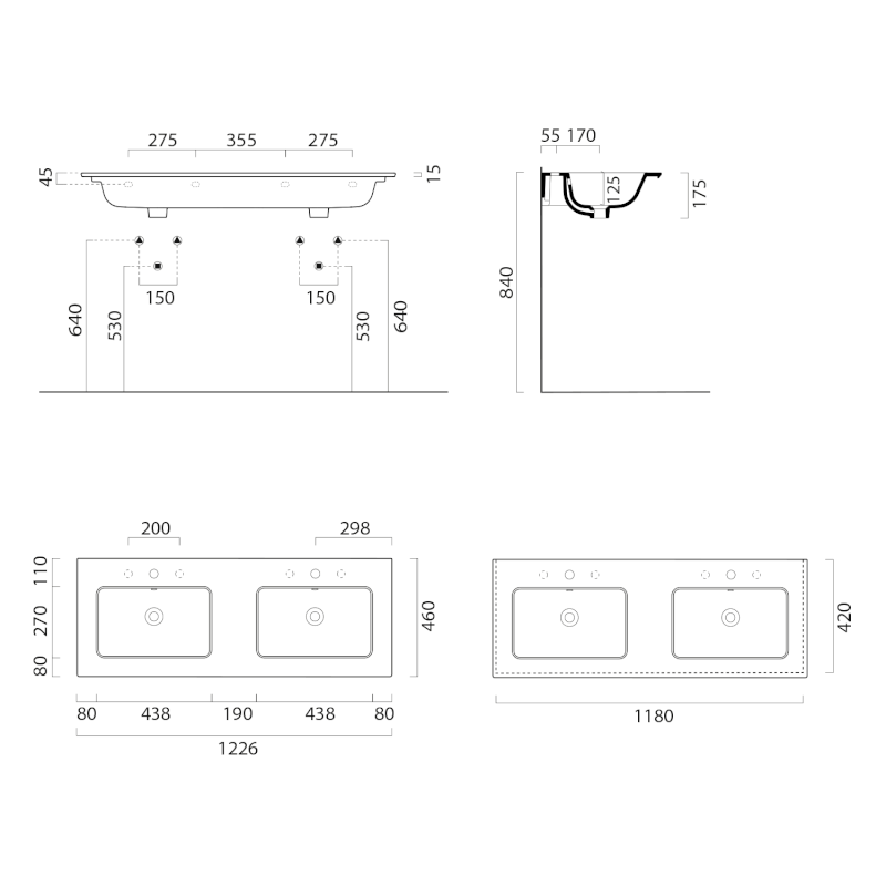 PURA keramické dvojumyvadlo Slim 122x46cm, bílá mat 8888109