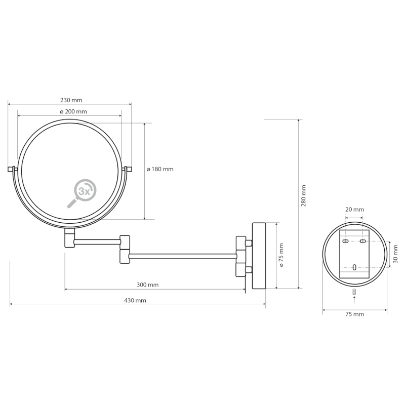 X-ROUND kosmetické zrcátko závěsné, Ø 200mm, oboustranné, chrom XR006