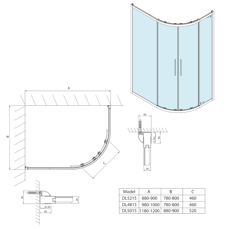 LUCIS LINE čtvrtkruhová sprchová zástěna 1200x900mm, L/R DL5015