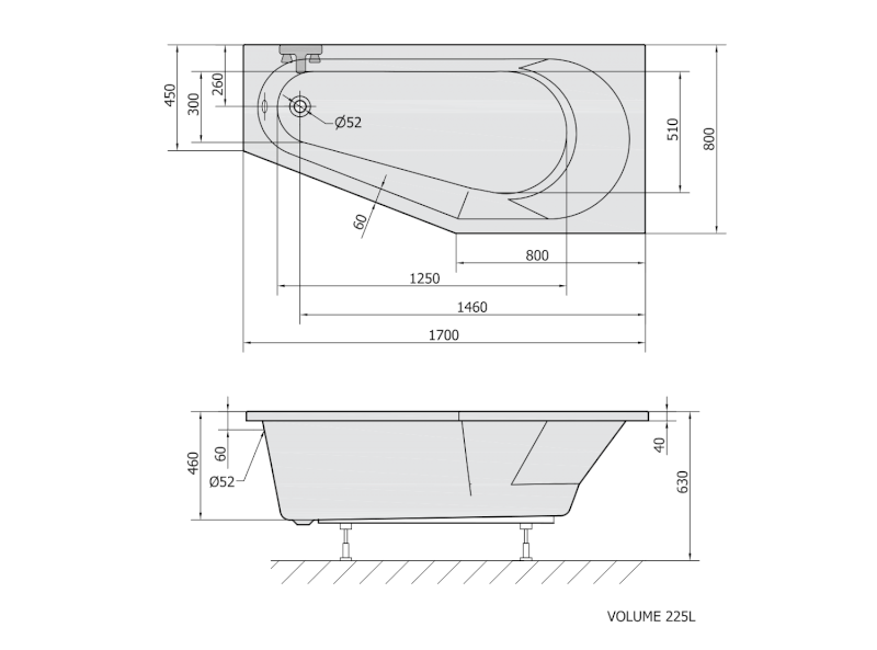 TIGRA R asymetrická vana 170x80x46cm, černá mat 90611.21