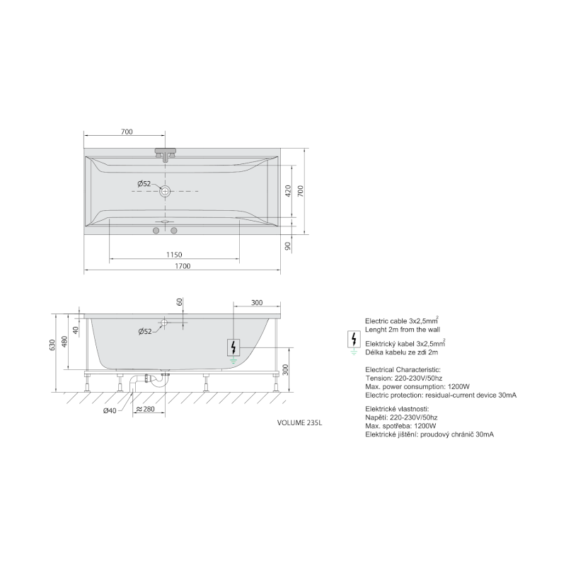 CLEO hydromasážní vana, 170x70x48cm, Active Hydro, chrom 74611.1010
