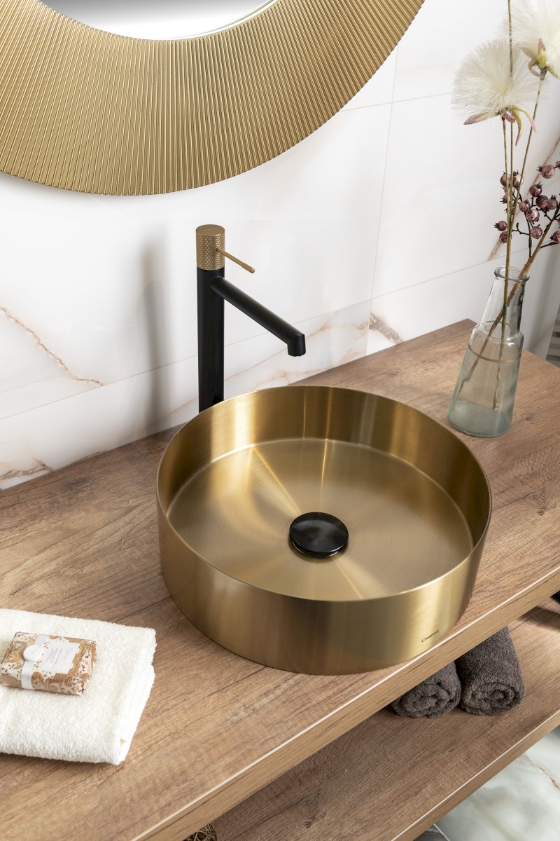 AURUM nerezové umyvadlo na desku, průměr 38cm, včetně výpusti, zlato mat AU201