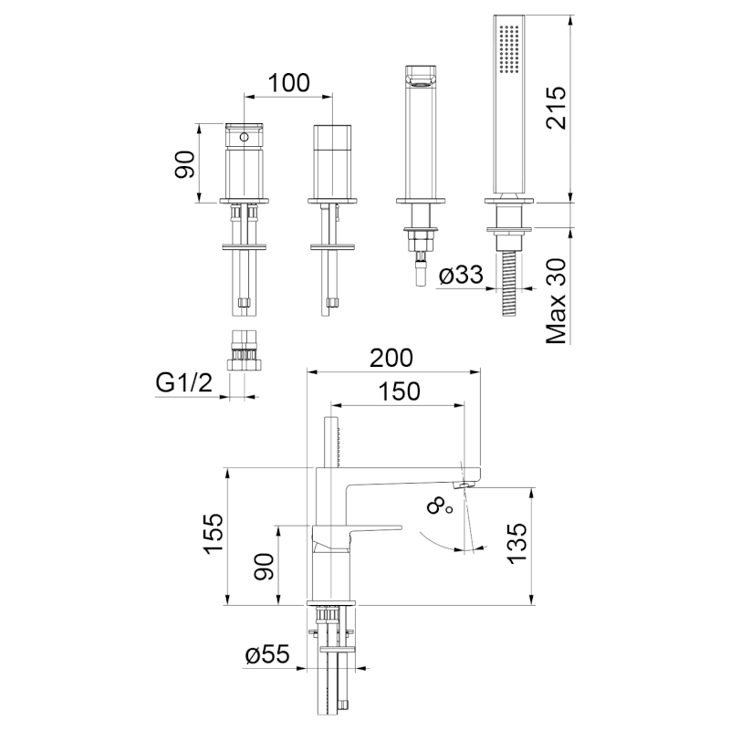 TURSI čtyřprvková baterie na okraj vany, černá mat TI052B
