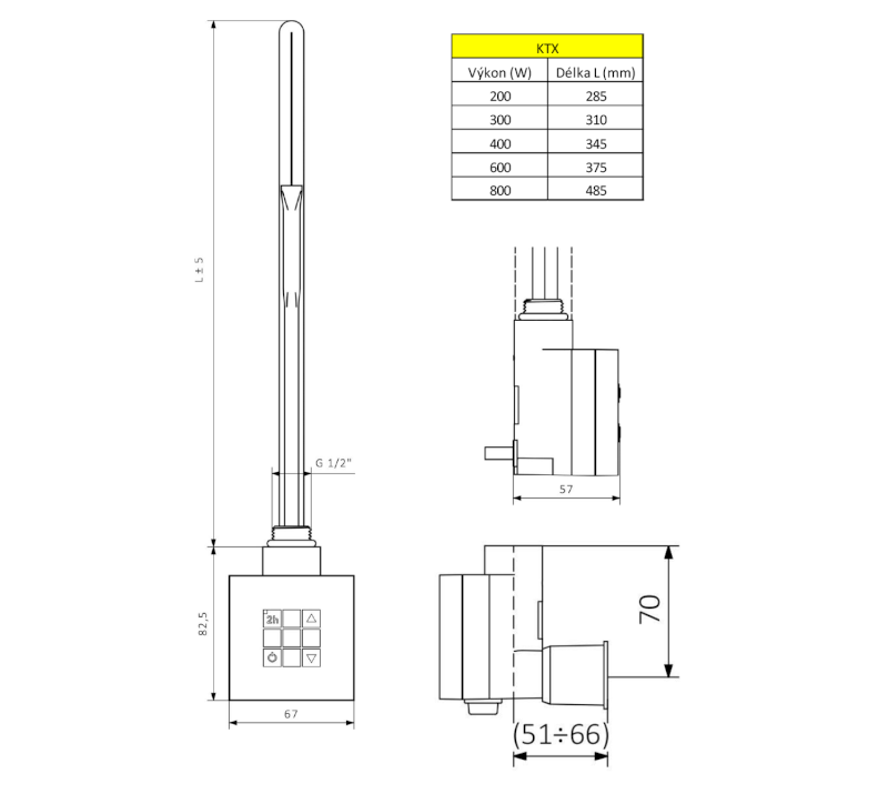 KTX topná tyč s termostatem, s krytem pro kabel, 300 W, chrom KTX-CW-300