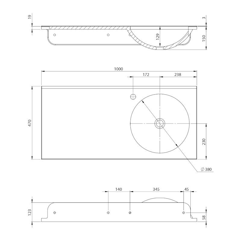 JUNO umyvadlo, litý mramor, 100x47cm, pravé, bílá JU102