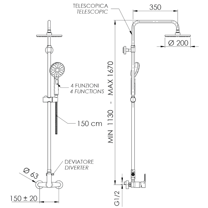PAX sprchový sloup s pákovou baterií, černá mat XA139/15