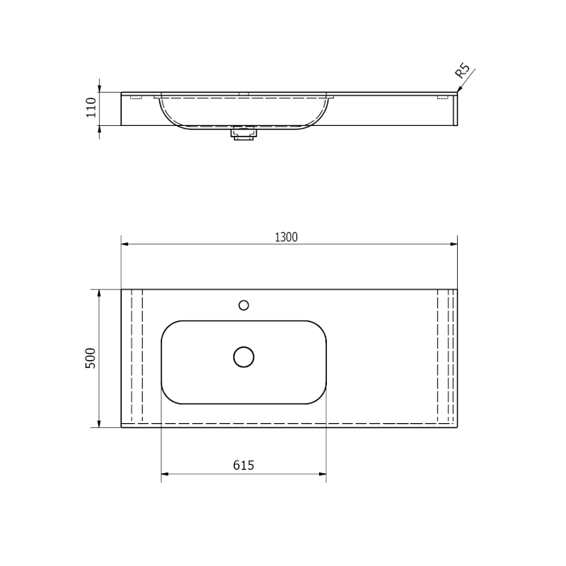 EMICO umyvadlo, Rockstone, 130x50cm, límec L, levé, bílá mat EM130-B1L-L