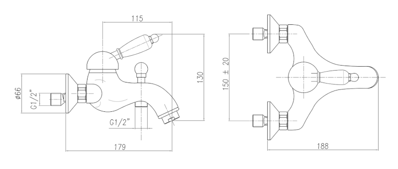 KIRKÉ WHITE nástěnná vanová baterie, bílá páčka, bronz KI10BB